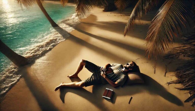 a man lying on a beach with a book and a notebook interactuando con el journal de kalapa mushrooms