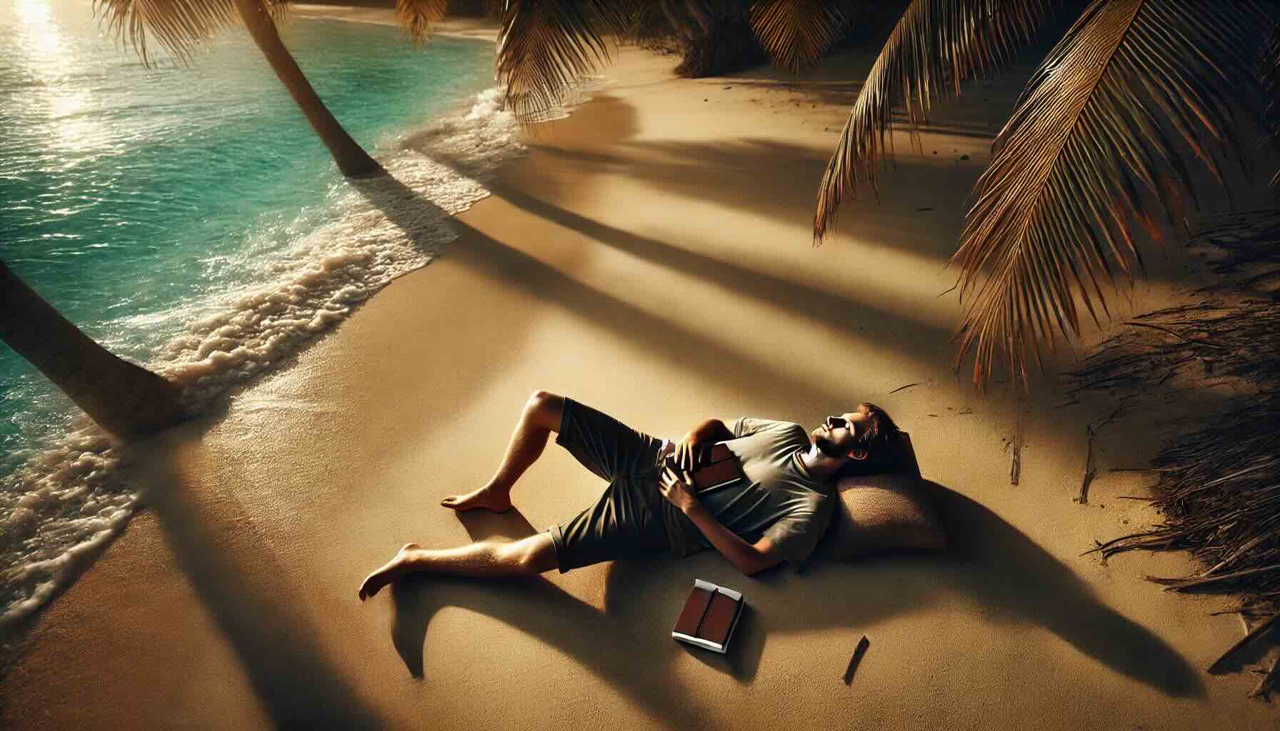 a man lying on a beach with a book and a notebook interactuando con el journal de kalapa mushrooms